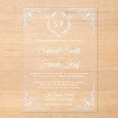 White Ornate Monogram Wedding Acryl Uitnodigingen (Voorkant)