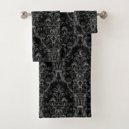 White Outline Black Floral Damask Bad Handdoek
