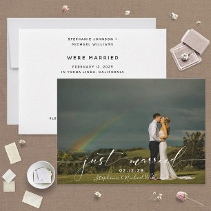White Overlay Calligraphy Just Married Photo Kaart