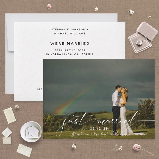 White Overlay Calligraphy Just Married Photo Kaart