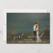 White Overlay Calligraphy Just Married Photo Kaart (Voorkant)