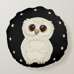 White Owl and Stars on Black Rond Kussen