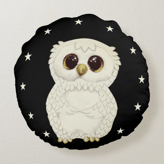 White Owl and Stars on Black Rond Kussen (Achterkant)