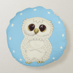 White Owl and Stars on Light Blue Rond Kussen
