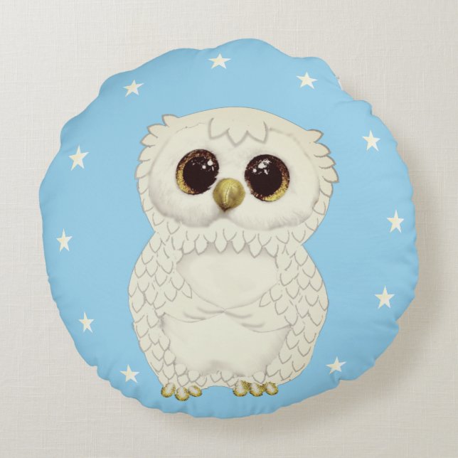 White Owl and Stars on Light Blue Rond Kussen (Achterkant)