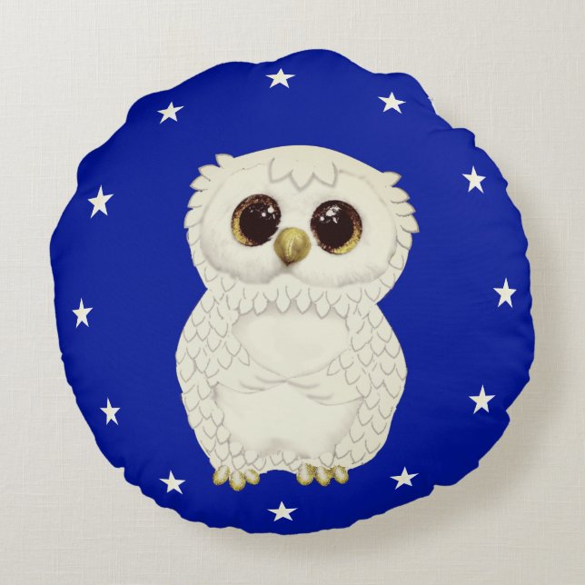 White Owl and Stars on Royal Blue Rond Kussen (Achterkant)