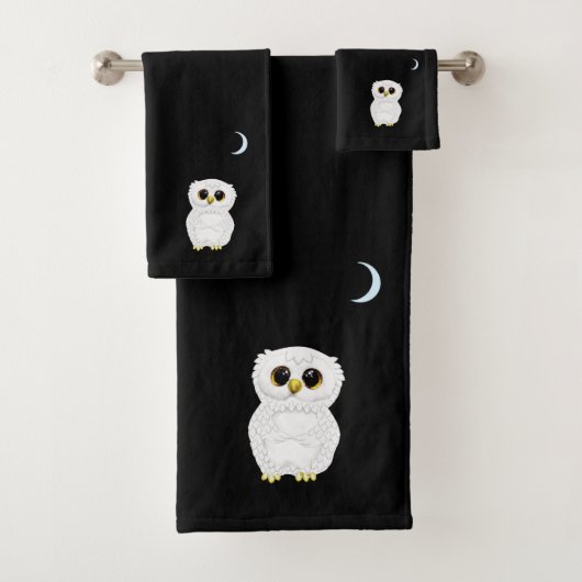 White Owl & Crescent Moon Black Bad Handdoek (Insitu)