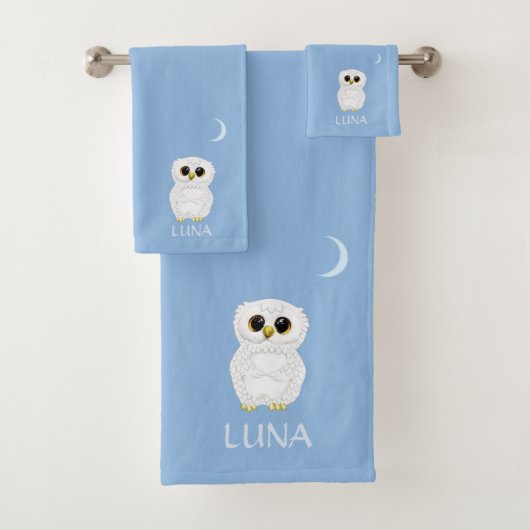 White Owl & Crescent Moon Sky Blue Bad Handdoek (Insitu)