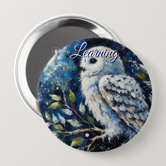 White Owl On Branch in Moonlight Personalized Ronde Button 4,0 Cm (Voorkant /achterkant)