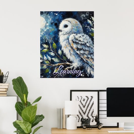 White Owl On Branch Moonlight Personalized Paper Poster (Thuiskantoor)