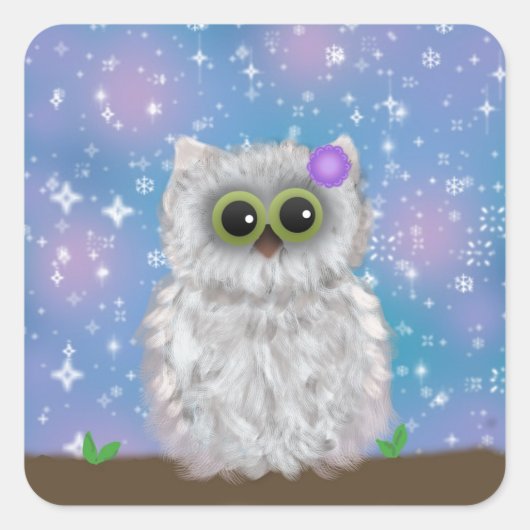 White Owl Painting on Blue Glittery / Snowy Sky Vierkante Sticker (Voorkant)
