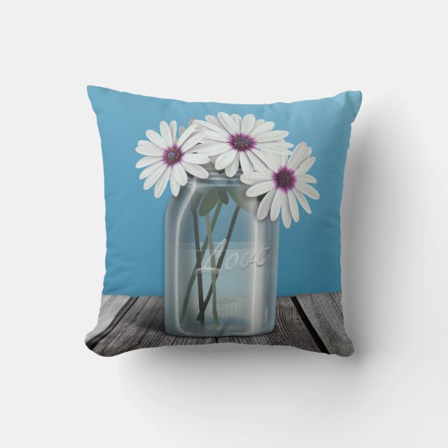 White & Paars Daisy Blue Mason Jar Pillow Kussen (Voorkant)