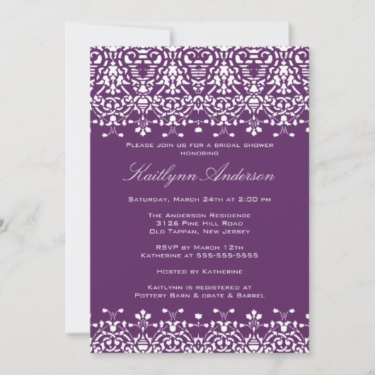 White & Paars Damask Bridal Shower Invitation Kaart (Voorkant)