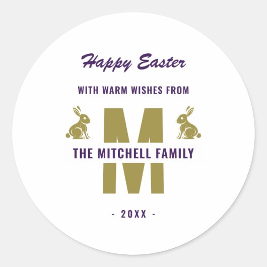 White Paars Gold Monogram Name Happy Pany Bunny Ronde Sticker (Voorkant)