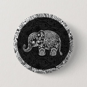 White Paisley Elephant Black DamasAchtergrond Ronde Button 5,7 Cm