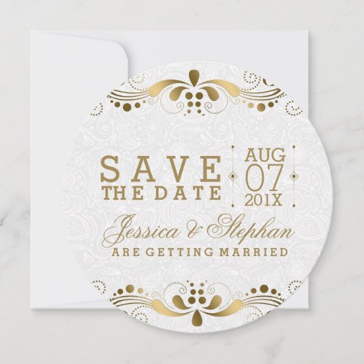White Paisley & Gold Floral Swirls Save the Date (Voorkant)