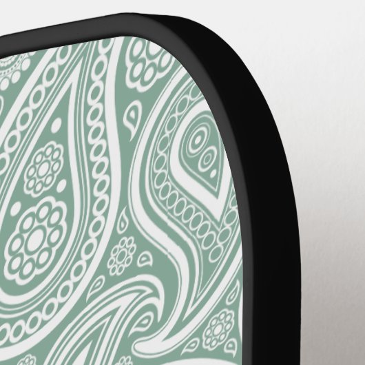 White  Paisley Pattern Muted Green Pickleball Paddle (Links Detail)