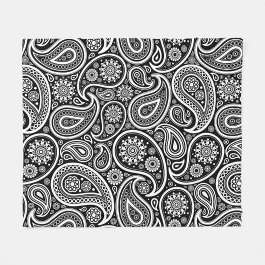 White  Paisley Pattern on Black Fleece Deken (Voorkant (Horizontaal))