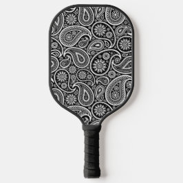 White Paisley Pattern on Black Pickleball Paddle