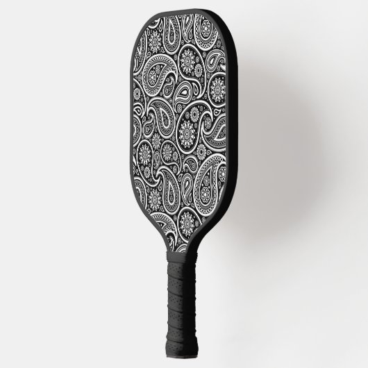 White  Paisley Pattern on Black Pickleball Paddle (Links)