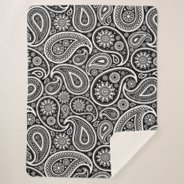 White Paisley Pattern on Black Sherpa Deken