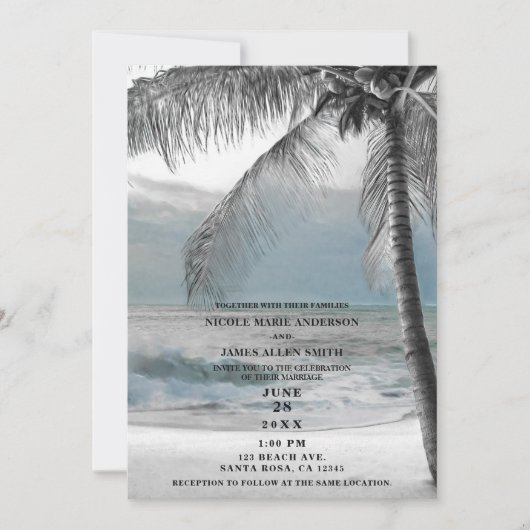 White Palm Coconut Tree Elegant Beach Wedding Kaart (Voorkant)