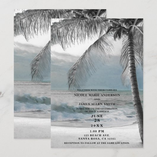 White Palm Coconut Tree Elegant Beach Wedding Kaart (Voorkant / Achterkant)