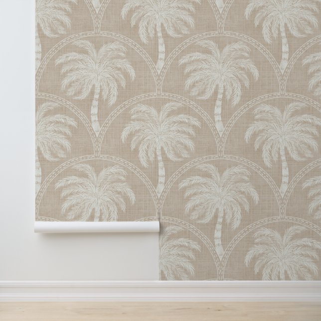 White Palm Trees on Beige Coastal Tropical Arches Behang (Applicatie)