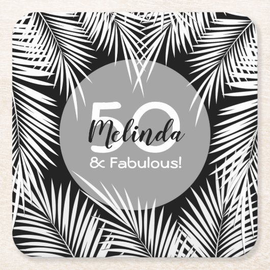 White Palms on Black Tropical Birthday Kartonnen Onderzetters (Voorkant)