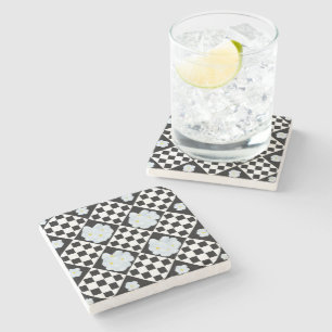 White Pansy and Black Diamond Pattern Stenen Onderzetter