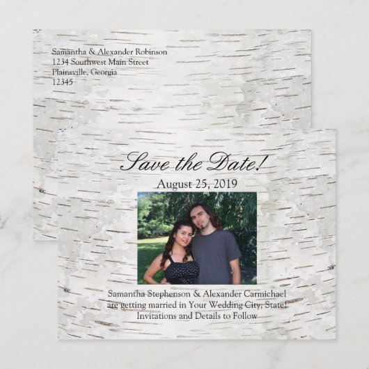 White Paper Birch Tree Bark Rustic Wood Wedding Aankondigingskaart (Voorkant / Achterkant)