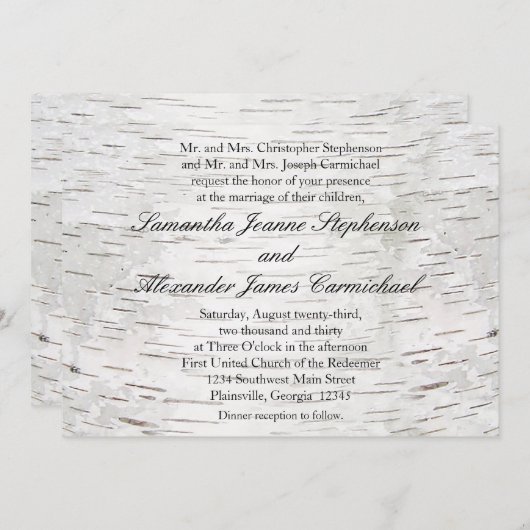 White Paper Birch Tree Bark Rustic Wood Wedding Kaart (Voorkant / Achterkant)