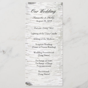 White Paper Birch Tree Bark Rustic Wood Wedding Programmakaart