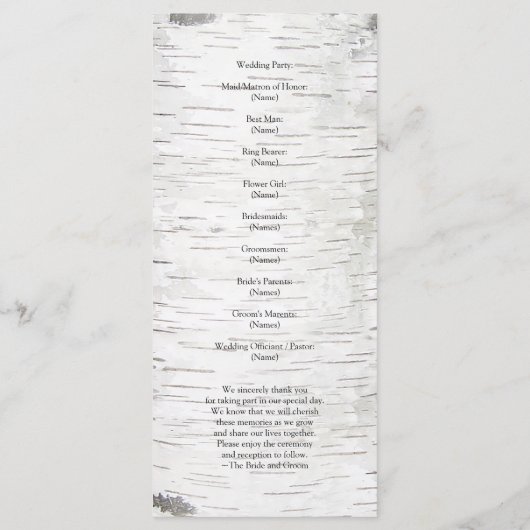 White Paper Birch Tree Bark Rustic Wood Wedding Programmakaart (Achterkant)