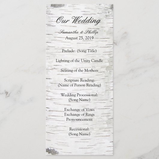 White Paper Birch Tree Bark Rustic Wood Wedding Programmakaart (Voorkant)