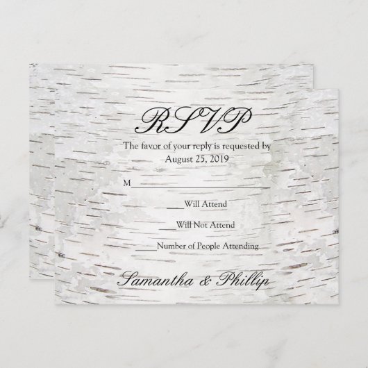 White Paper Birch Tree Bark Rustic Wood Wedding Uitnodiging Briefkaart (Voorkant / Achterkant)