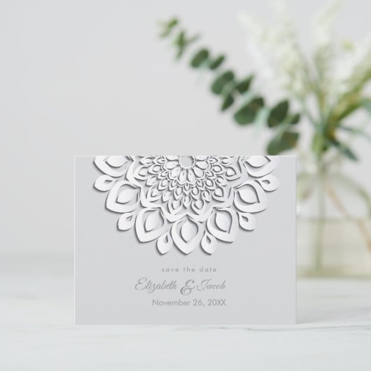 White Paper Cut Mandala De datum opslaan Briefkaart (Staand voorkant)