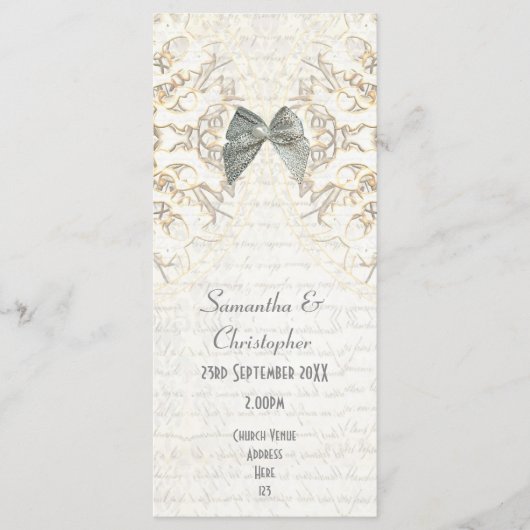 White parchment lace damask Church bruiloft progra Programmakaart (Voorkant)