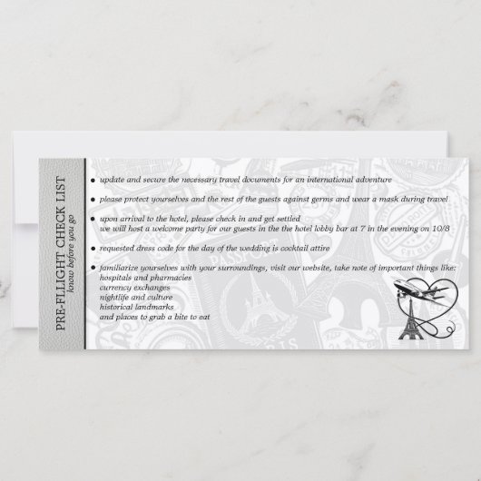 White Paris bruiloft instapkaart uitnodiging (Achterkant)