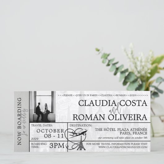 White Paris bruiloft instapkaart uitnodiging (Staand voorkant)