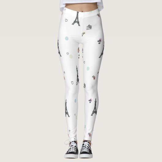 White Paris Frankrijk Eiffel Tower Pattern Leggings (Voorkant)