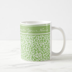 White Pattern of Leaves on Apple Green, Green Band Koffiemok