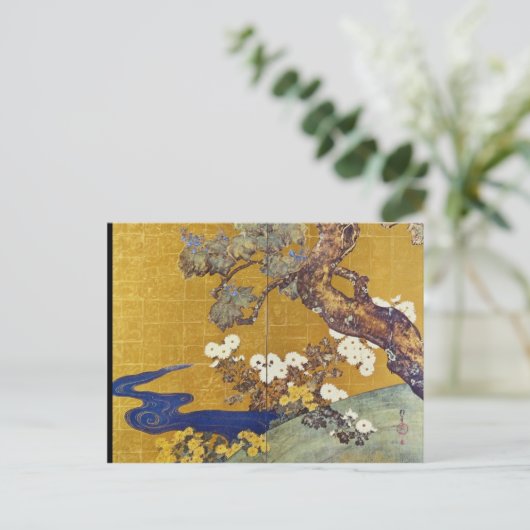 white Paulownias en Chrysanthemums, Sakai Hoitsu Briefkaart (Staand voorkant)