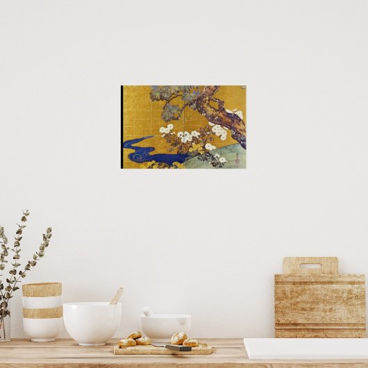 white Paulownias en Chrysanthemums, Sakai Hoitsu Poster (Keuken)