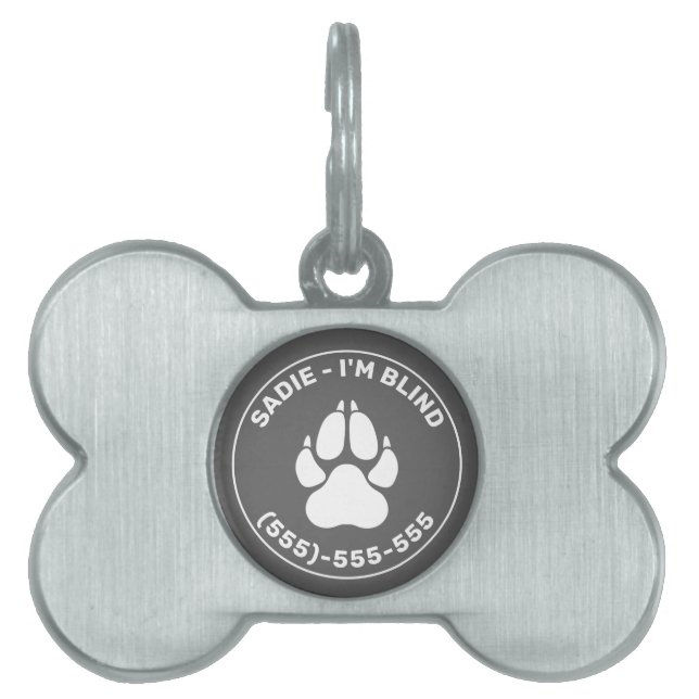 White Paw on Grey met Blind Text & Pet's Info Huisdieren Naamplaatje (voorkant)