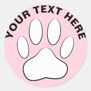 White Paw Print Aangepaste tekst Pastelroze Ronde Sticker