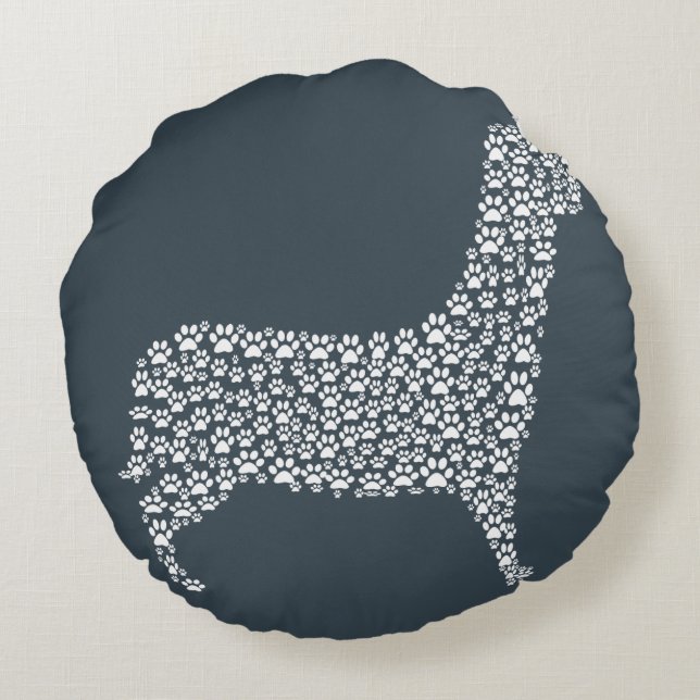 White Paw Print Dog Silhouette Pattern Fabric Rond Kussen (Achterkant)