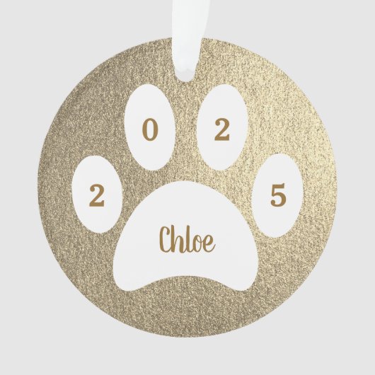 White Paw Print Gold Cat Foto met naam Jaar Ornament (voorkant)
