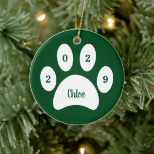 White Paw Print Green Cat Foto met naam Jaar Keramisch Ornament