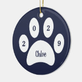White Paw Print Navy Blue Cat Foto met naam Jaar Keramisch Ornament (Links)